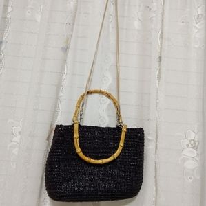 Black Woven with Bamboo Handle Purse